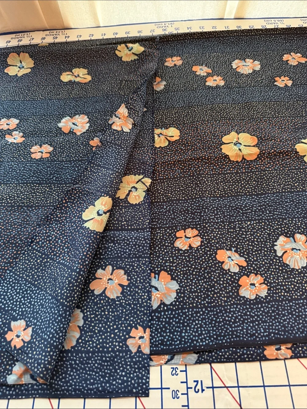 Vintage 1980s Floral Dot Stripe Fabric Navy Peach Blue 5 Yards x 44” Apparel